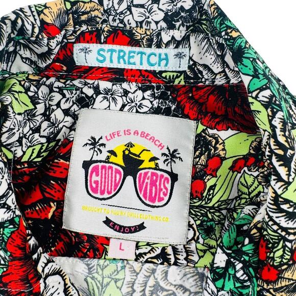 Good Vibes Men’s Hawaiian Aloha Button-Up Shirt Floral Red Green Black Size L - Picture 2 of 6